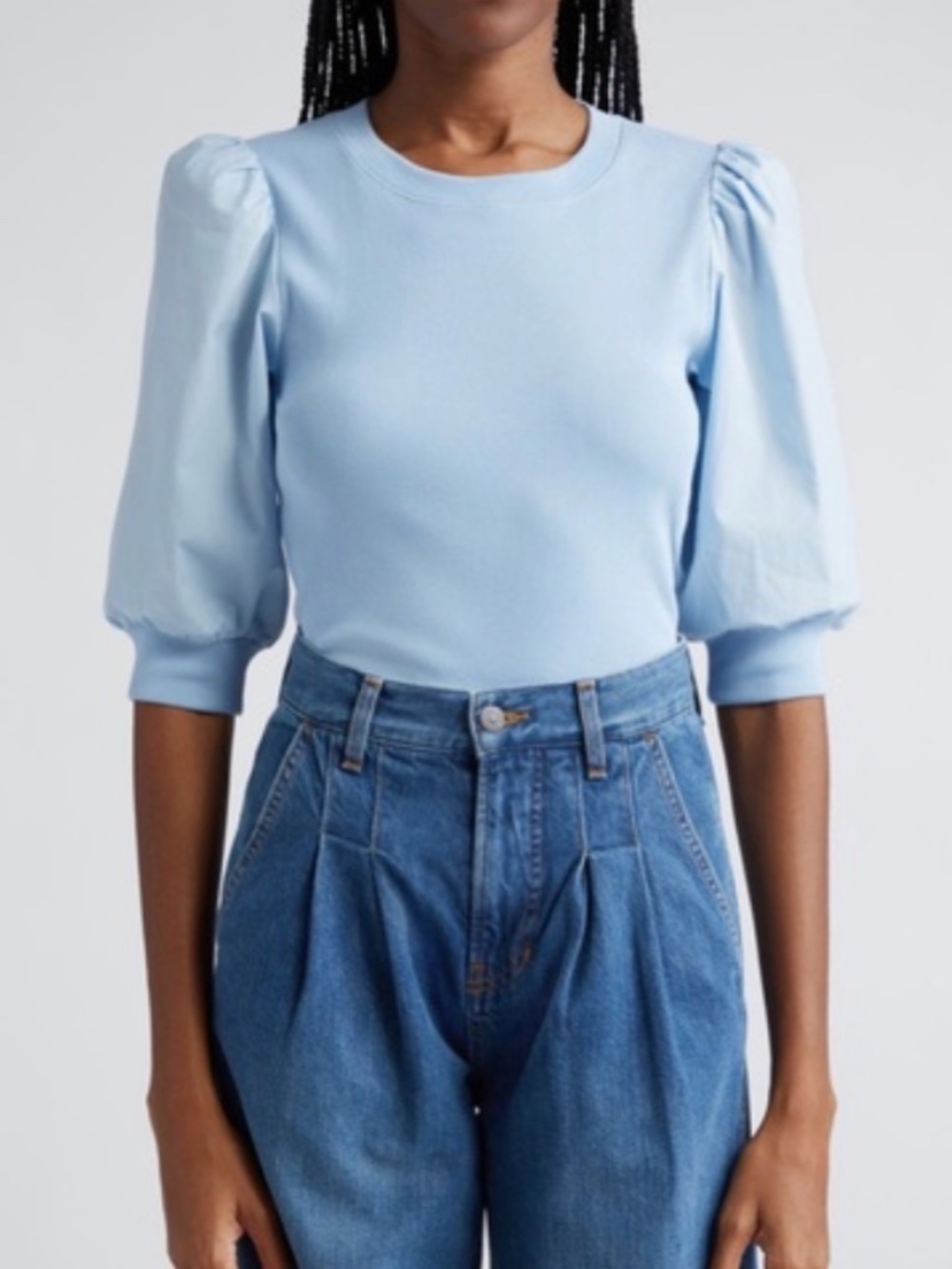 Veronica Beard Coralee Powder Blue Puff-Sleeve Blouse - Small